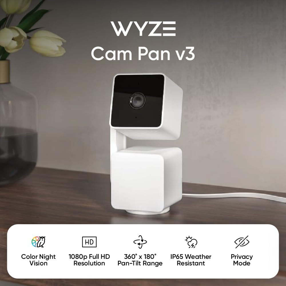 WYZE Cam Pan v3, wetterfest nach IP65, 1080p Schwenk-/Neige-/Zoom-WLAN-Smart-Home-Überwachungskamera für den Innen- und Außenbereich mit Farb-Nachtsicht, 2-Wege-Audio, kompatibel mit Alexa & Google Assistant